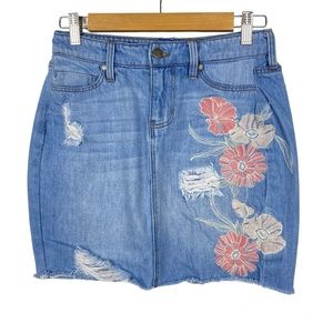LIVERPOOL Distressed Denim Raw Hem Mini Skirt with Flower Embroidery, Size 2